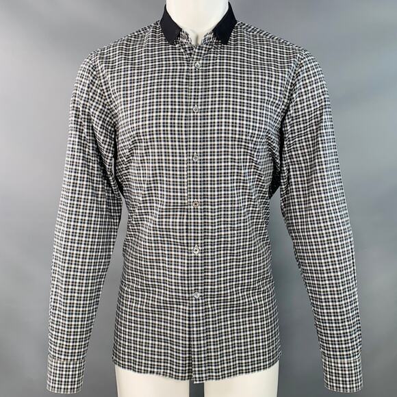 LANVIN Size M Navy Green White Plaid Cotton Contrast Collar Long Sleeve Shirt - Picture 1 of 6